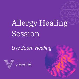 May include: A purple graphic advertisement featuring the white text Allergy Healing Session and Live Zoom Healing. A circular image of a pink and orange flower is in the bottom right corner, with a geometric line art symbol and the word vibralite.