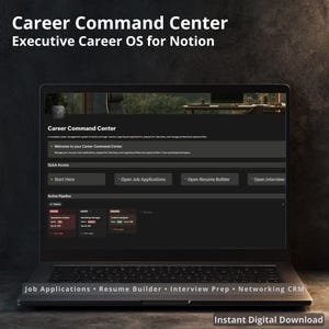 Könnte beinhalten: Ein Laptop mit der Benutzeroberfläche "Career Command Center", einem Executive Career OS für Notion. Der Bildschirm zeigt Optionen für Bewerbungen, Lebenslauf-Erstellung, Vorbereitung auf Vorstellungsgespräche und Networking. Der Text "Instant Digital Download" befindet sich unten.