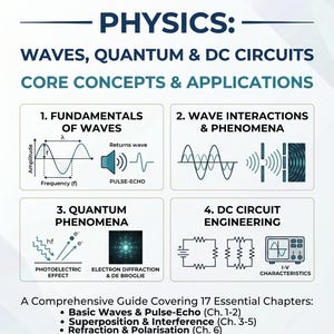May include: An educational poster titled Flowiom Physics: Waves, Quantum & DC Circuits. It features four sections: Fundamentals of Waves, Wave Interactions, Quantum Phenomena, and DC Circuit Engineering, with diagrams and a list of 17 chapters.