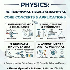May include: An educational poster titled Flowiom Physics: Thermodynamics, Fields & Astrophysics. It features four sections detailing core concepts like Ideal Gas Law, SHM, Nuclear Binding Energy, and Orbital Mechanics with diagrams and formulas.