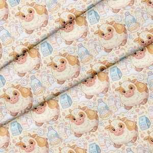May include: A fabric pattern featuring repeating illustrations of round, cream and brown cows, blue milk cartons, and glass milk bottles. The design includes small pink hearts and swirling cloud shapes scattered across a light cream background.
