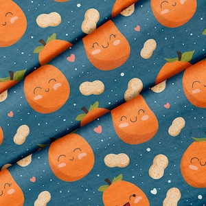 May include: A dark blue fabric featuring a repeating pattern of orange cartoon fruits with smiling faces, light brown peanuts in shells, and small pink hearts. The design includes tiny white dots scattered across the dark blue background.