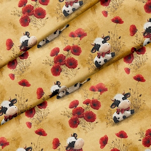 May include: A fabric featuring a repeating pattern of black and white cows with red plaid neckerchiefs interspersed with clusters of vibrant red poppy flowers on a textured golden yellow background with a subtle mottled effect.