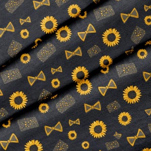 Tyg på metervara, solros- och flugmönster, 100 % polyester, 142 cm bred