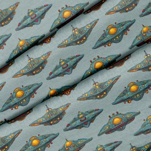 Tyg på metervara, retro sci-fi-rymdskeppsmönster, 100 % polyester, 137 cm brett