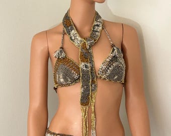 Luxury Handmade Crochet Bikini Set | 5 Piece Resort Set | Pareo, Belt & Head Scarf | Designer Cotton Swimwear