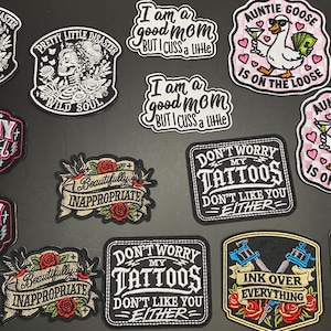 Iron On Patches – Tattooed, Trashy, Inappropriate, Mom, Auntie Goose Designs