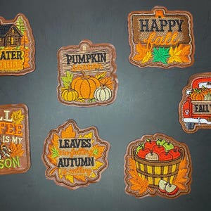 May include: Seven embroidered patches featuring autumn themes. Designs include a cabin with 'SWEATER WEATHER', a pumpkin patch with 'PUMPKIN SEASON', 'HAPPY fall' with leaves, a truck with 'FALL VIBES', 'FALL COFFEE IS MY SEASON', 'LEAVES are falling AUTUMN is calling', and a basket of apples.