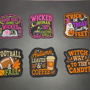Iron on Patches – Wicked Woman, Trick Treat, Football Fall, Autumn Coffee, Witch Candy