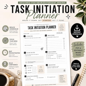 Executive Function Task Initiation Planner | ADHD / Autism Printable Worksheet | Neurodivergent Daily Focus Planner
