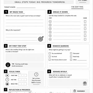 May include: A black and white task initiation planner page featuring sections for main tasks, breaking down steps, identifying barriers, focus timers, and reflection. The text includes "Executive Functioning," "Task Initiation Planner," and "Small steps today. Big progress tomorrow."