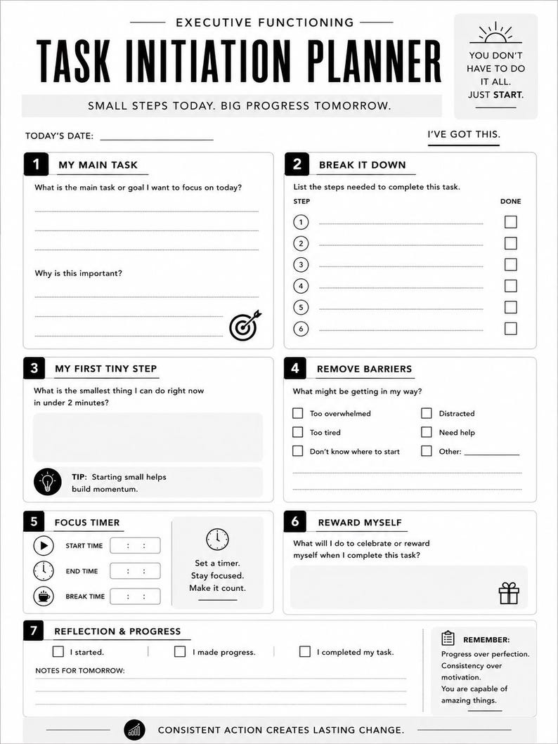 May include: A black and white task initiation planner page featuring sections for main tasks, breaking down steps, identifying barriers, focus timers, and reflection. The text includes "Executive Functioning," "Task Initiation Planner," and "Small steps today. Big progress tomorrow."