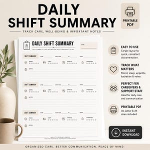 Résumé quotidien des quarts de travail (imprimable) | Formulaire de documentation DSP | Journal de communication du personnel de soutien | Modèle de notes de soins | Téléchargement PDF
