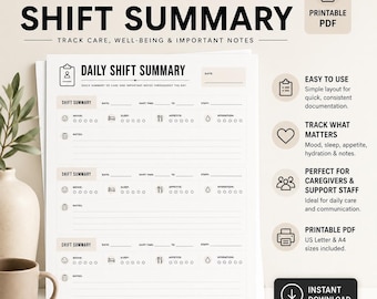 Daily Shift Summary Printable | DSP Documentation Form | Support Staff Communication Log | Care Notes Template | PDF Download