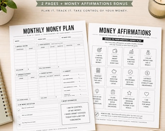 Monthly Money Plan Bundle Printable | Budget Expense Tracker, Savings Goal Worksheet, Money Affirmations Bonus