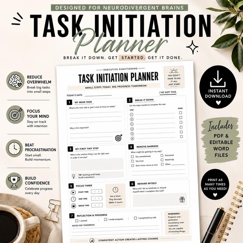 Executive Function Task Initiation Planner | ADHD / Autism Printable Worksheet | Neurodivergent Daily Focus Planner image 1