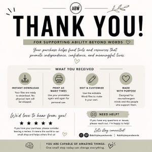 May include: A thank you card with black text on a light background. It features the ABW logo, sections for what is received including instant download, print, edit, and purpose, plus a request for reviews, contact information, and social media handles.