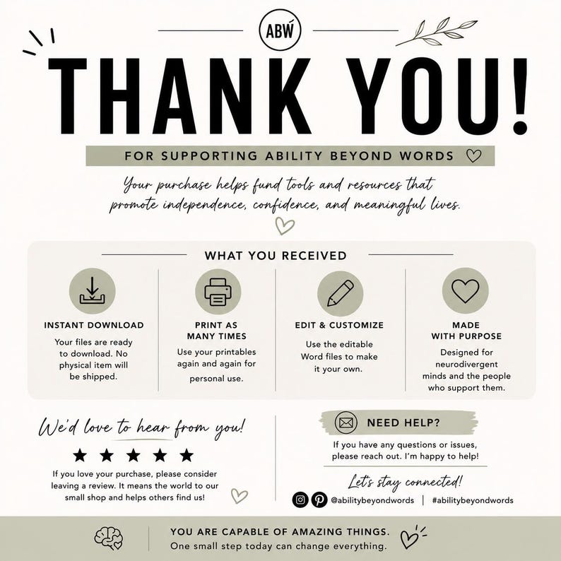 May include: A thank you card with black text on a light background. It features the ABW logo, sections for what is received including instant download, print, edit, and purpose, plus a request for reviews, contact information, and social media handles.