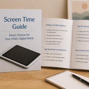 Op de afbeelding: Een open boek met de titel "Screen Time Guide" en de ondertitel "Smart Choices for Your Child's Digital World". Een tablet en een koffiemok staan op een houten oppervlak. Een notitieblok en een pen zijn ook aanwezig.