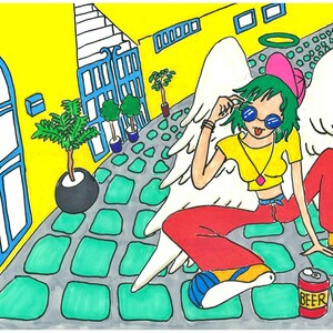 以下が含まれることがあります： 緑色の髪、サングラス、翼を持つ天使のカラフルなイラスト。黄色いトップスと赤いパンツを着用。天使は緑色のタイルの床に座っており、ビールの缶があります。背景は黄色で、青いドアと窓があります。