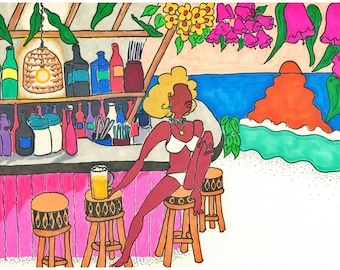Tropical Beach Bar at Sunset – Colorful Pop Art Digital Download
