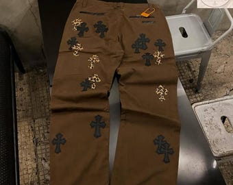Pantalones vaqueros anchos con parche cruzado marrón / Pantalones de pierna ancha estilo Y2K / Pantalones unisex de moda