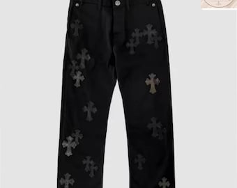 Black Cross Patch Denim Jeans | Trendy Streetwear Pants | Unisex Fashion Trousers