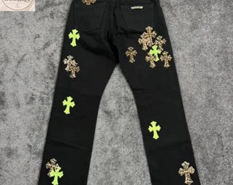 Pantaloni neri con toppa a croce / Jeans stile cargo streetwear Y2K / Moda uomo e donna di tendenza