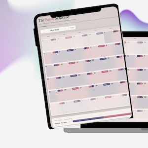 May include: A digital calendar displayed on a smartphone and a laptop. The calendar shows the month of May with color-coded entries. The smartphone is black, and the laptop is gray. A small cartoon fox is in the bottom right corner.
