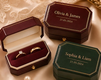 Gepersonaliseerde ringdoos, op maat gemaakte achthoekige trouwringhouder, vintage dubbele ringdoos, verlovingsaanzoekcadeau voor bruid en bruidegom, aandenken voor het paar