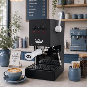 May include: A matte black Gaggia espresso machine featuring a white portafilter handle and a white steam lever. The machine has three black rectangular power switches with red indicator lights, a metal drip tray, and a silver steam wand.