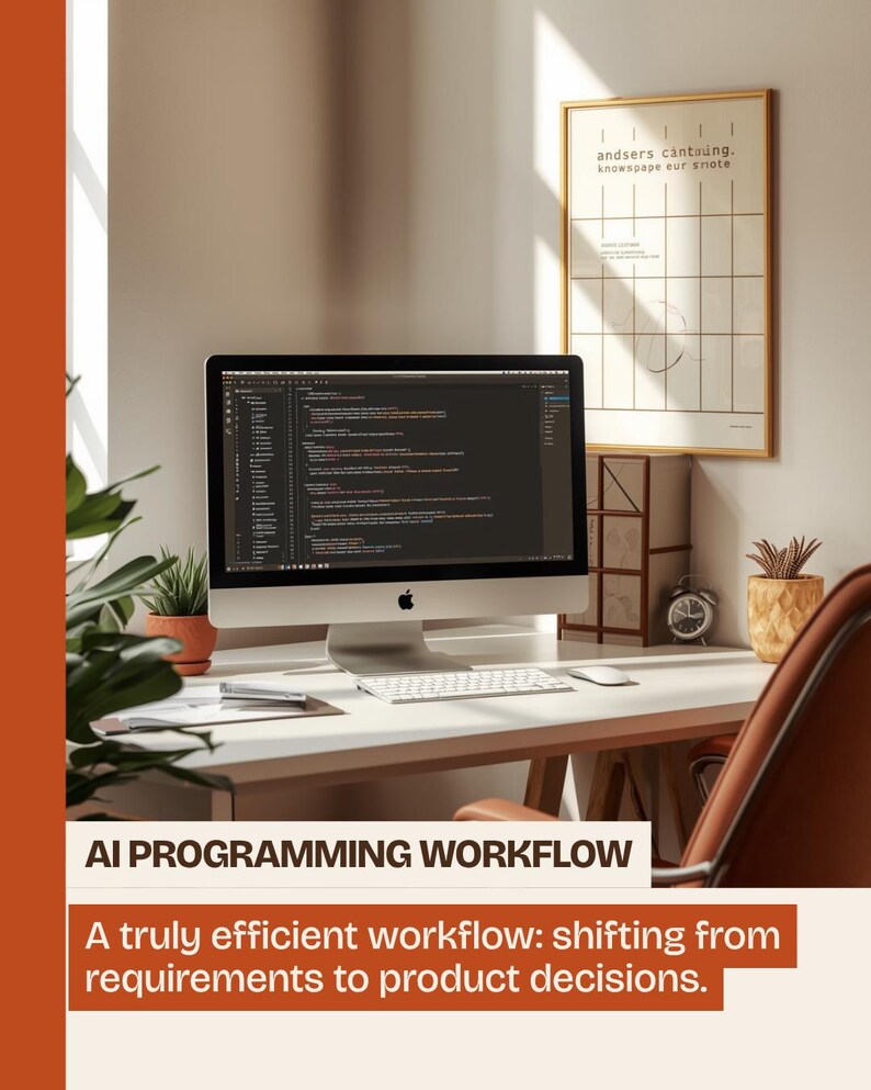 Op de afbeelding: Een zilveren desktopcomputer met een scherm dat code weergeeft, een wit toetsenbord en een witte muis op een bureau. Het bureau bevat een plant in een pot, een kleine klok en een ingelijste rasterposter met de tekst "andsers cantuing knowspape eur snote".