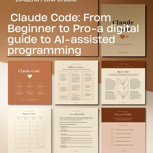 Op de afbeelding: Een digitale gids getiteld Claude Code: From Beginner to Pro-a digital guide to AI-assisted programming door Limberg Flow Studio. De set bevat meerdere pagina's met tekst, tabellen en checklists in tinten beige, bruin en terracotta.