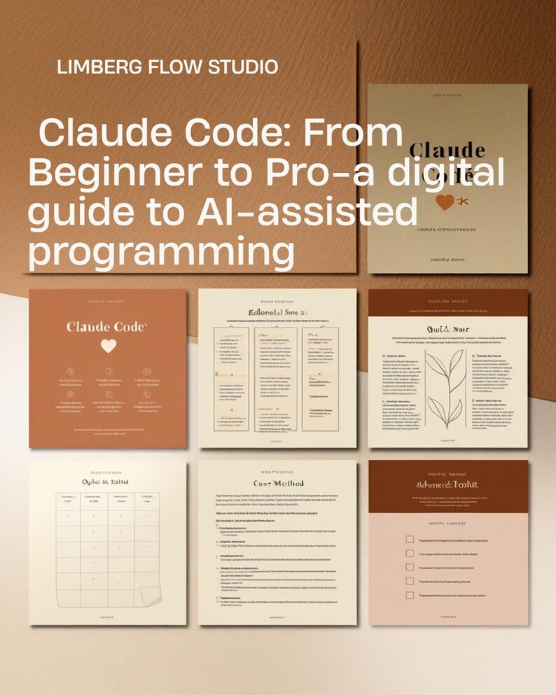 Op de afbeelding: Een digitale gids getiteld Claude Code: From Beginner to Pro-a digital guide to AI-assisted programming door Limberg Flow Studio. De set bevat meerdere pagina's met tekst, tabellen en checklists in tinten beige, bruin en terracotta.
