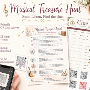 Peut inclure: Un ensemble d'activités de chasse au trésor musicale imprimable comprenant une feuille d'instructions, un tableau de liste d'indices et plusieurs cartes avec codes QR. Le design inclut des notes de musique, une guitare et un coffre.