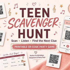 Teen Scavenger Hunt Printable | Birthday Party Game for Tweens & Teens | QR Code Music Treasure Hunt | Indoor Activity