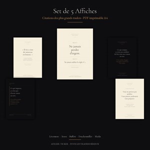 May include: A set of five A4 printable posters featuring French quotes from famous traders. The collection includes three cream-coloured posters with black text and two black posters with white text, all displaying financial wisdom and author names.
