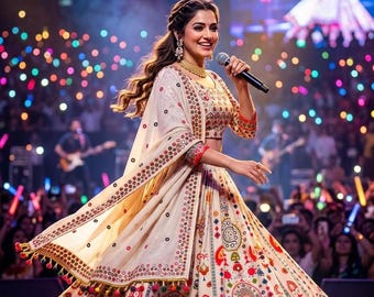 Navratri Lehenga Choli blanc pour femme, Garba Chaniya Choli, ensemble Mirror Work