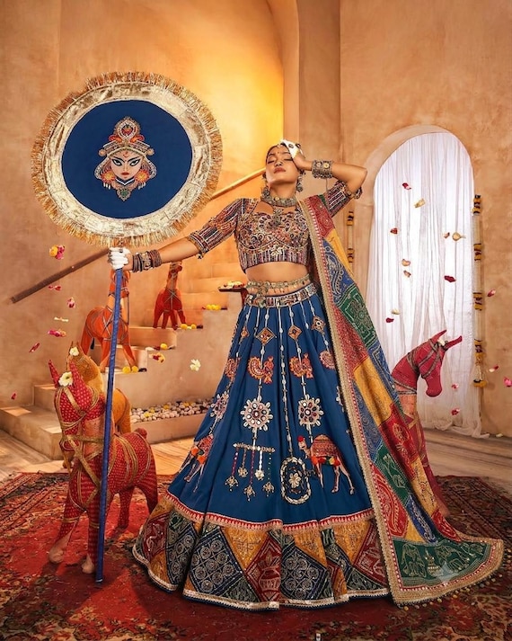 blue garba dress Royal Navratri Lehenga Choli Set for Women, Gujarati applique bodice The lehenga is Royal Size:US 22Plus / UK 26 / EU 52 Shiv Roy Blue Dress