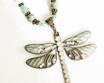 Dragonfly necklace, crystal necklace, sister gift, birthday gift for Mom, long statement beaded necklace, best selling items for her