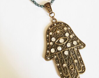 Gold Hamsa necklace, Evil Eye Necklace, beaded necklace, yoga necklace