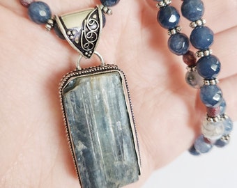 Blue Kyanite necklace, beaded necklace, bohemian jewelry, steampunk necklace, statement necklaces for women, gift for mom
