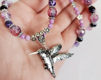 Hummingbird necklace, cottagecore, birthday gift for sister, purple beaded necklace, Magickal Moon jewelry