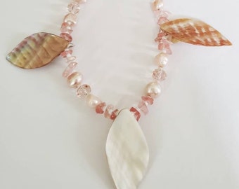 Shell Necklace, Beach Jewelry, Statement Necklace, Quartz Necklace, Birthday Gift for Friend, Pink Beaded Necklace