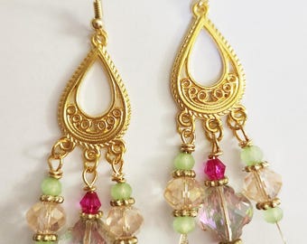 Gold chandelier crystal earrings, quatrefoil earrings, gold chandelier earrings