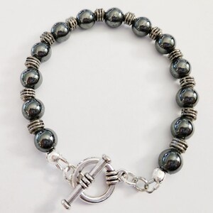 Hematite Beaded Bracelet with Silver Toggle Clasp - Mens Jewelry