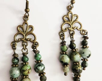 Gold chandelier earrings, dark gold dangle earrings, turquoise earrings