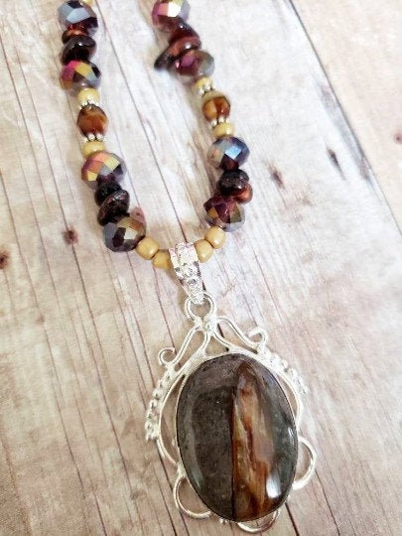 Gift for Mom Sister Gift Statement Necklace Tigers Eye Jasper Pendant Art Deco Necklace