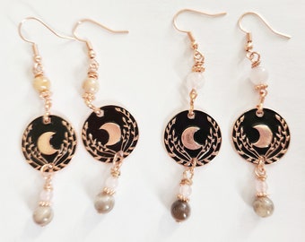 Copper beaded earrings, crescent moon earrings, dangle earrings, statement drop earrings, trendy earrings, gift for best friend