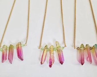 Angel Aura Quartz Bar Necklace: Raw Crystal, Gold Chain